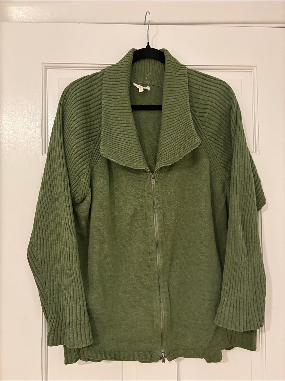 Eileen Fisher Moss Green Ribbed Shawl-Collar Zip Cotton Cardigan